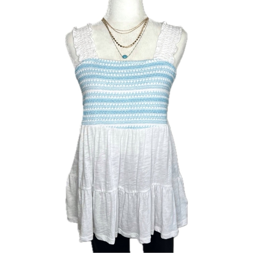 NEW Torrid Babydoll Tank Smocked White Blue Medium Large 10 M L